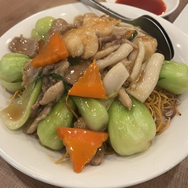 A Chinese dish with crispy noodles, bok choy, carrots, meat, and seafood in a savory sauce.